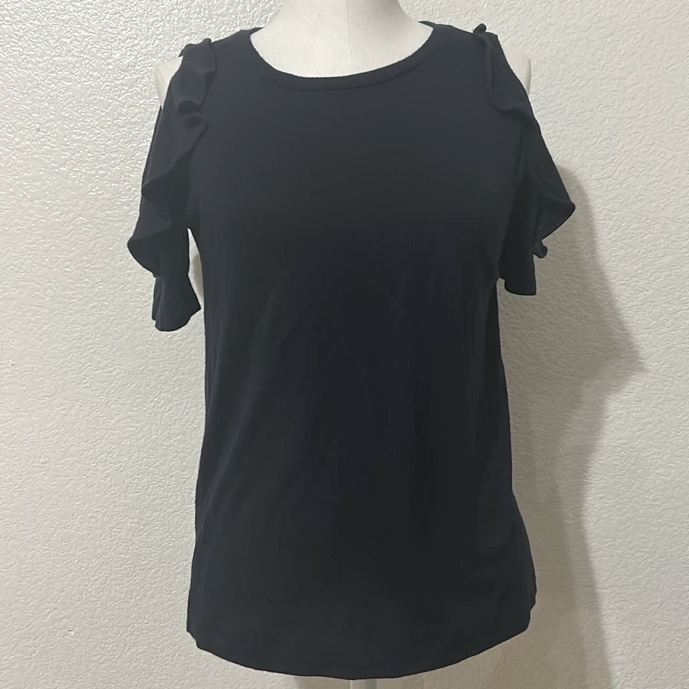 Loft navy cold shoulder ruffle knit blouse size small petite